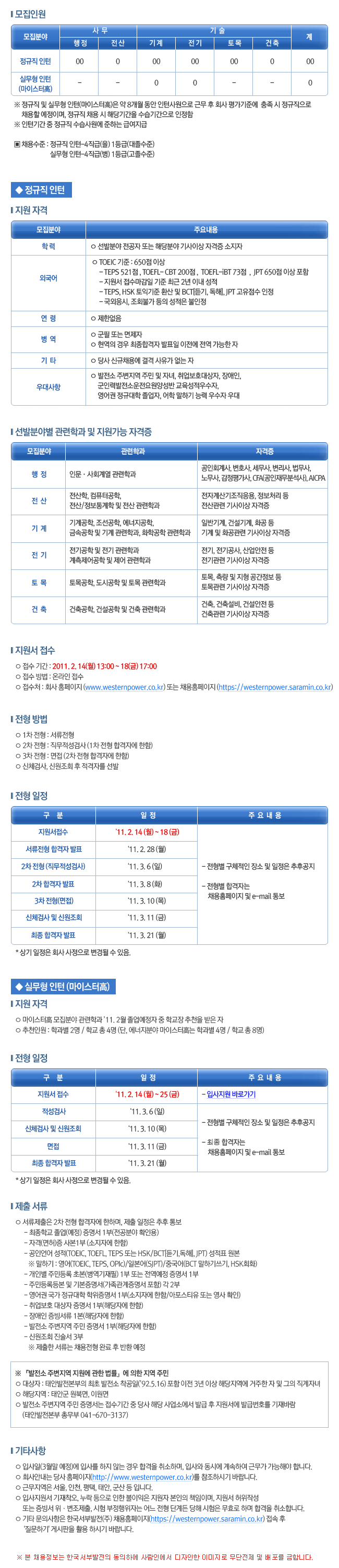 한국서부발전 2011년도 정규직/실무형 인턴 모집공고