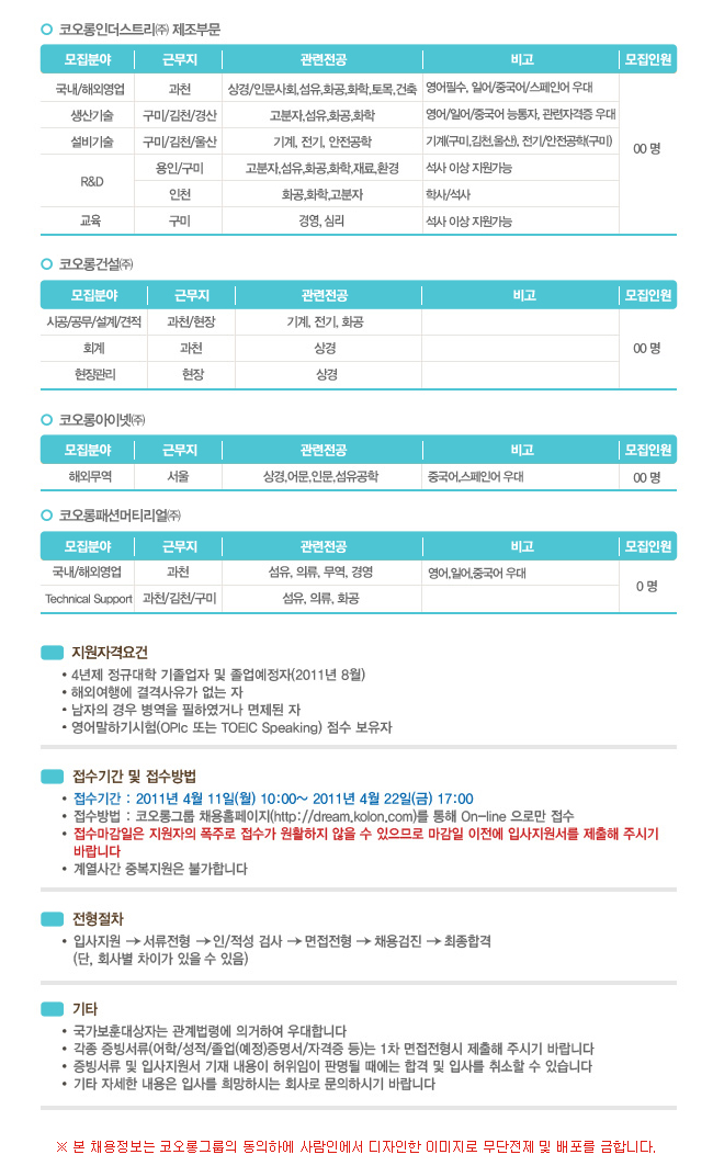 코오롱그룹 2011년 상반기 코오롱그룹 대졸신입사원 공개채용