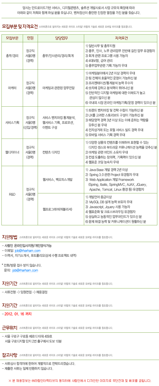㈜라람인터랙티브 2012년 각 부문 신입/경력 채용